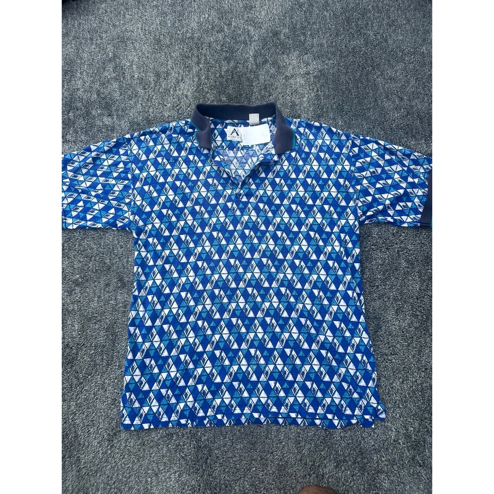 Vintage 90s Aureus Polo Shirt Mens L Blue Geometric All Over Print Hong Kong